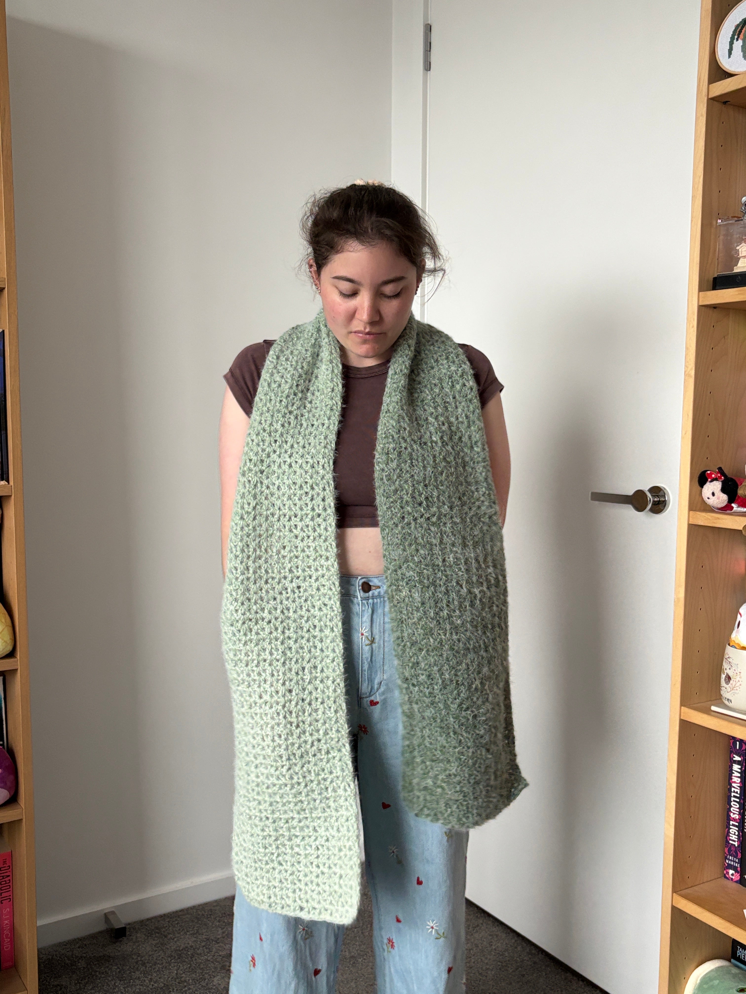 Green Fluffy Crochet Ombre Scarf