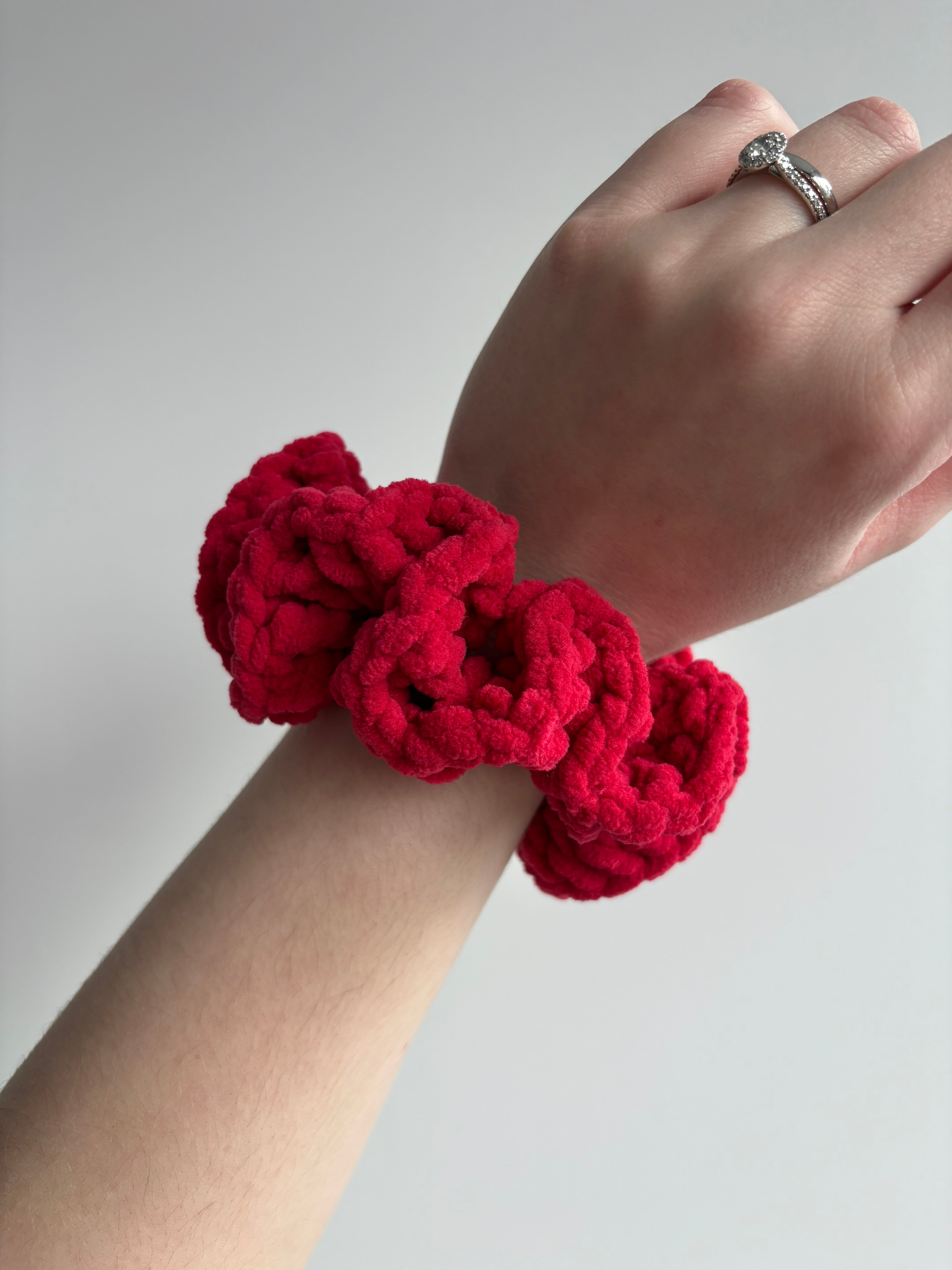 Bright Red Velour Crochet Scrunchie