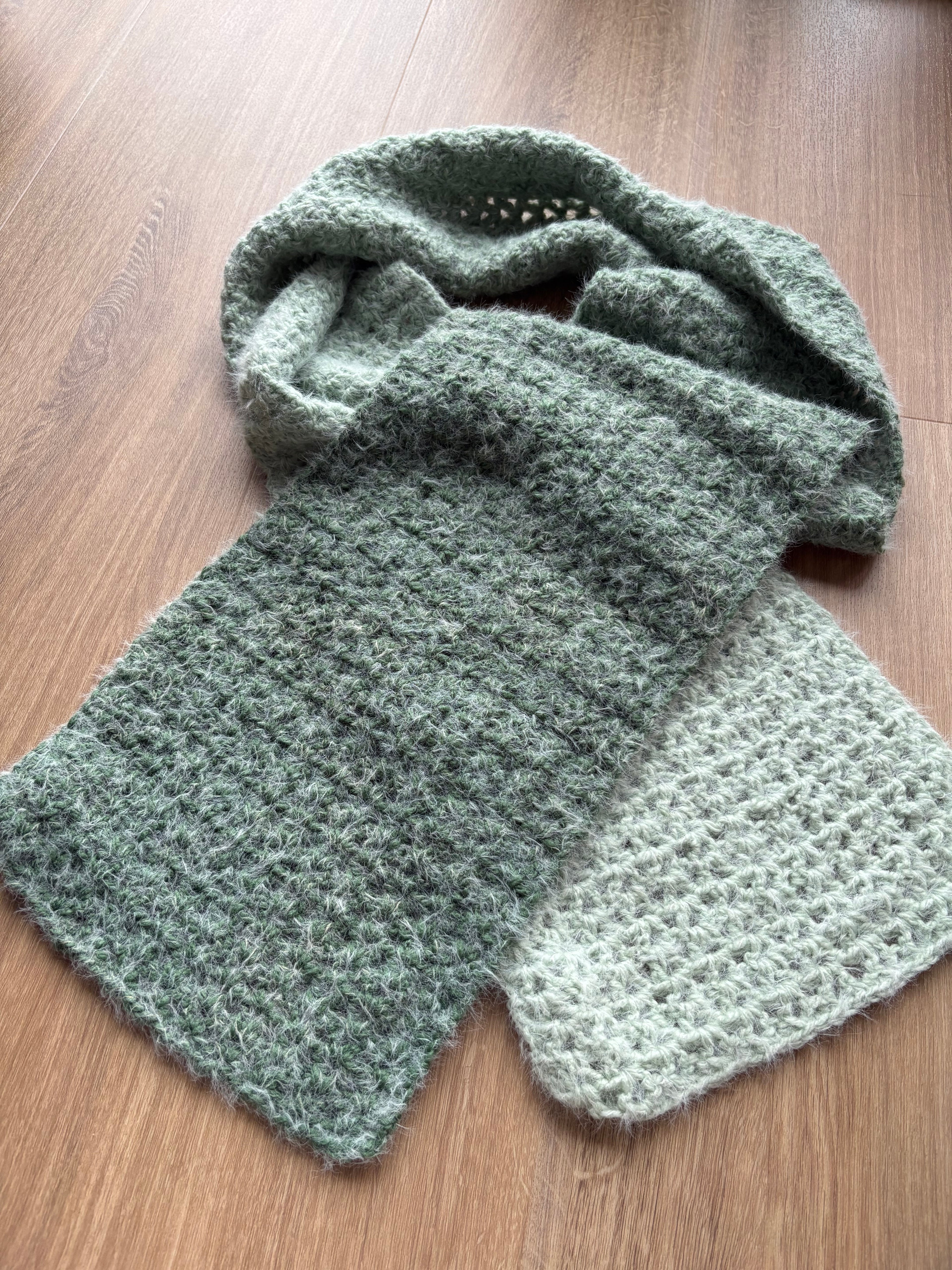Green Fluffy Crochet Ombre Scarf