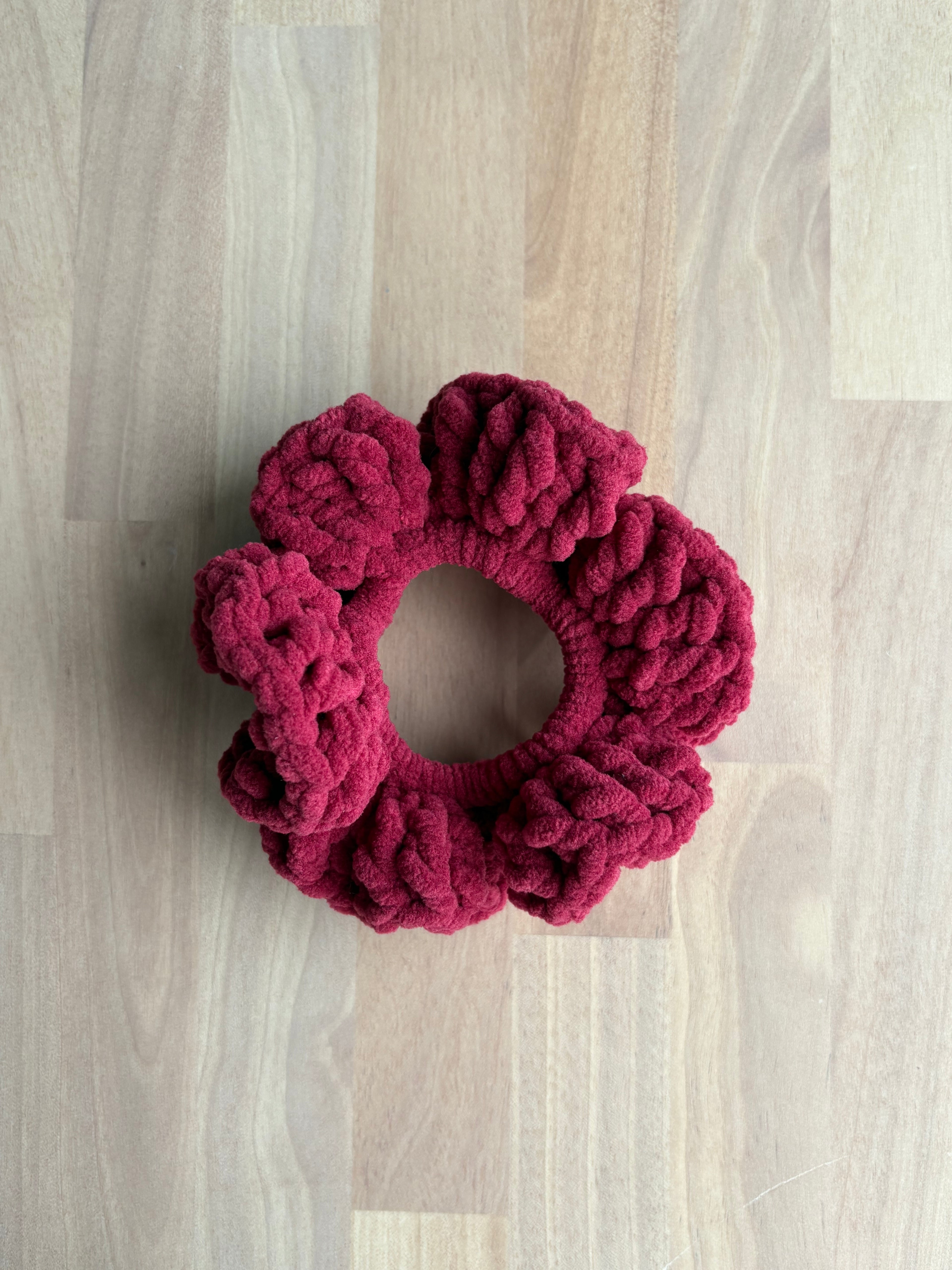 Deep Red Velour Crochet Scrunchie