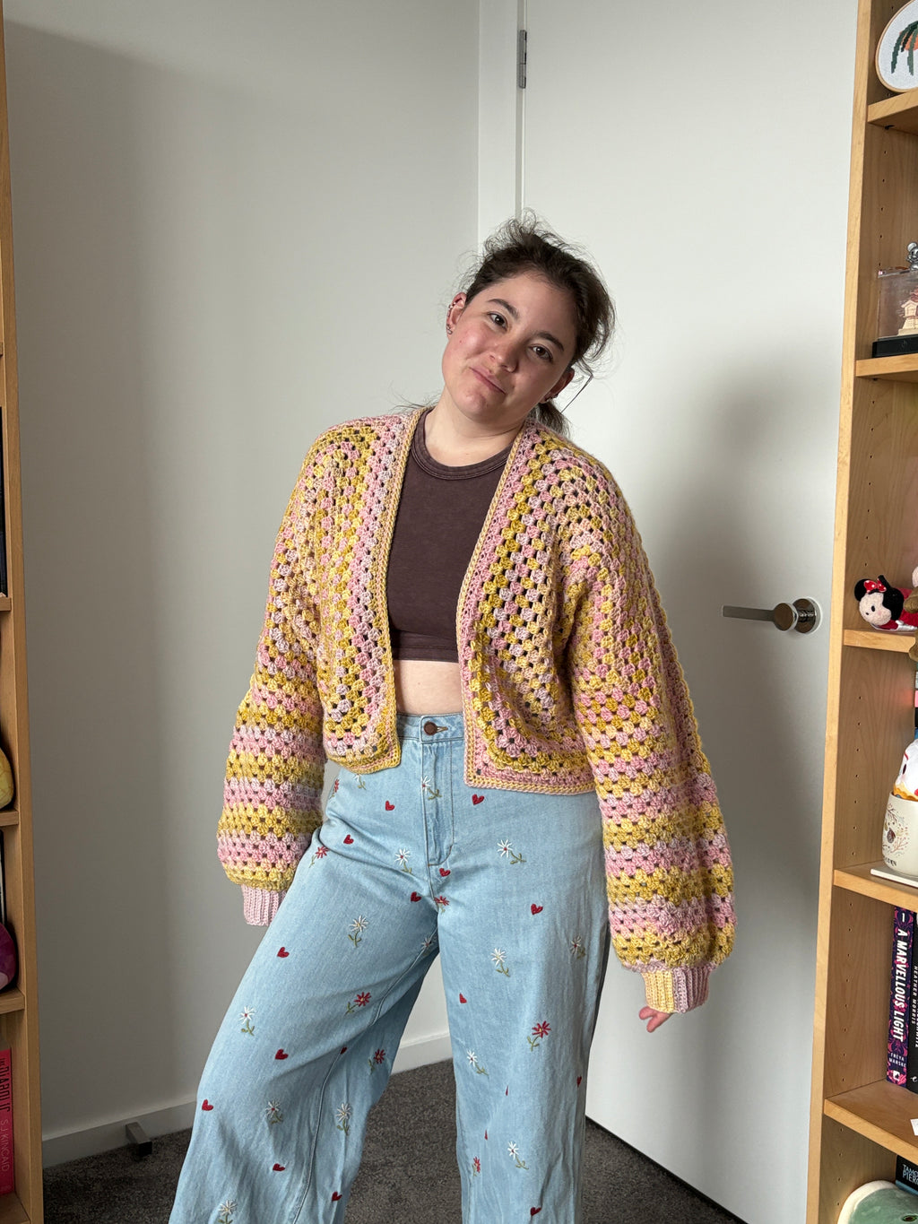 Medium Pink and Yellow Crochet Cardigan