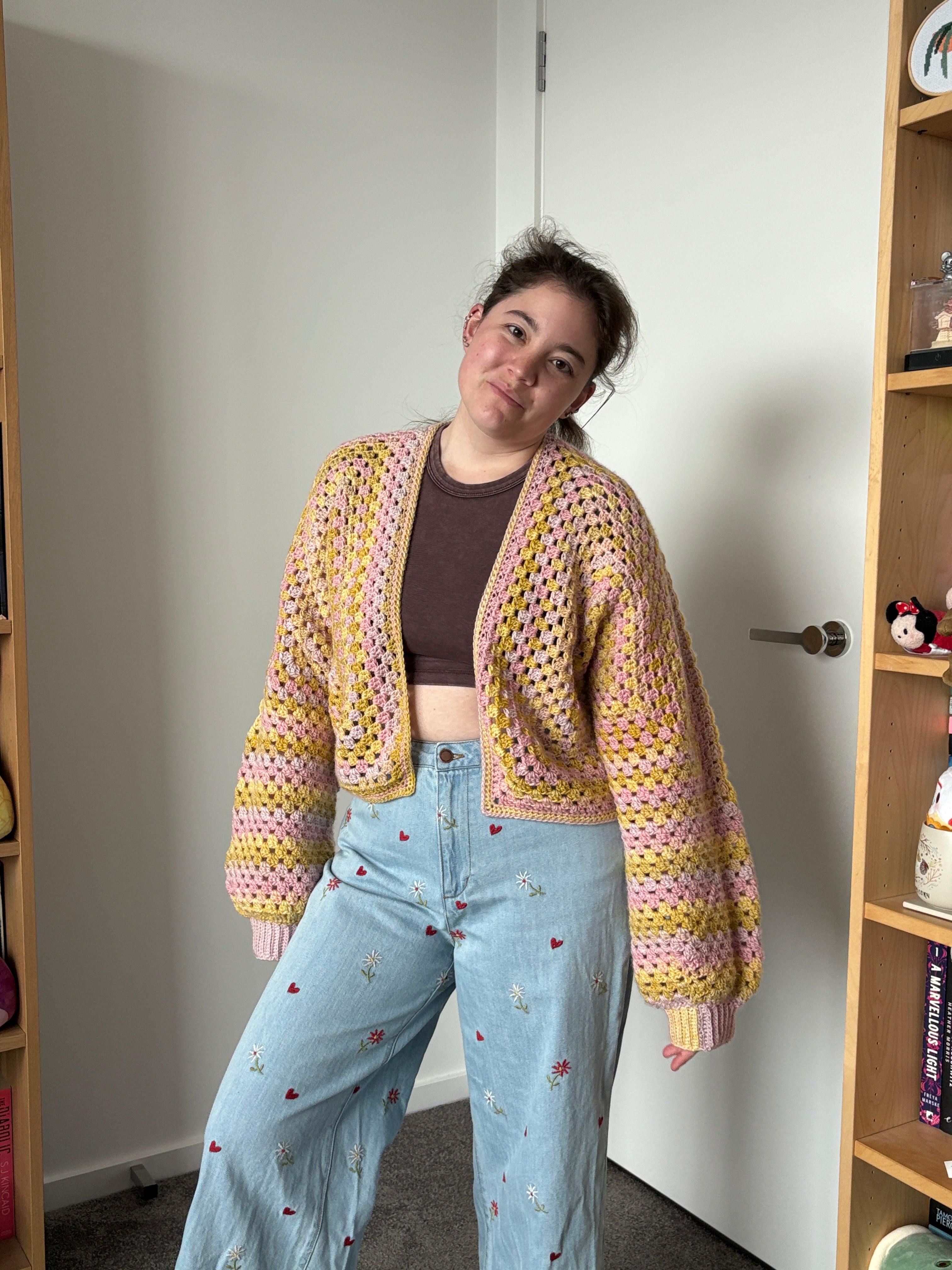 Medium Pink and Yellow Crochet Cardigan