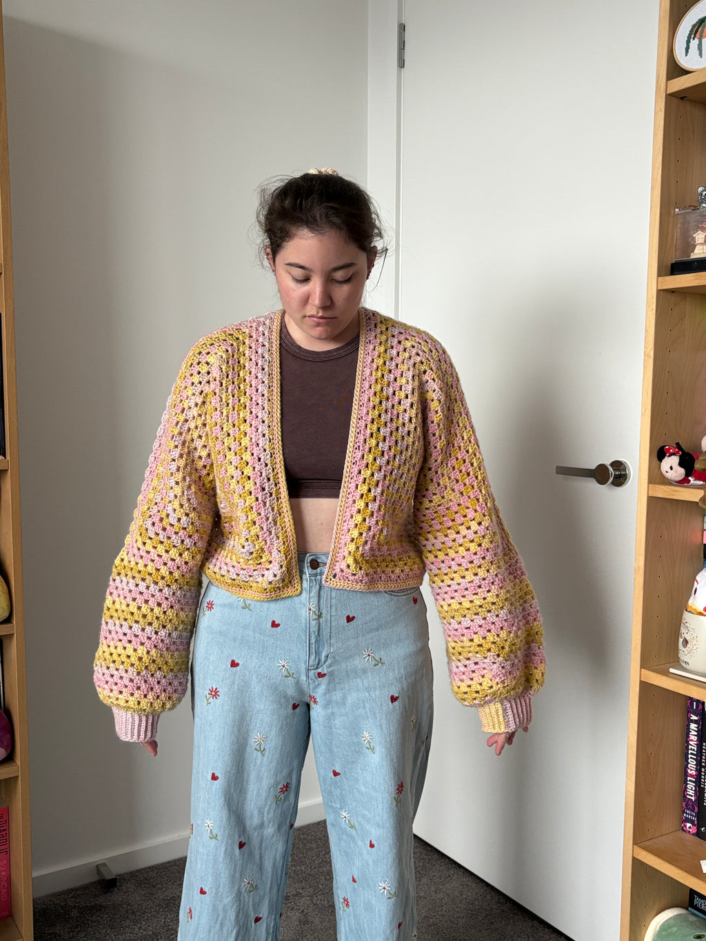 Medium Pink and Yellow Crochet Cardigan