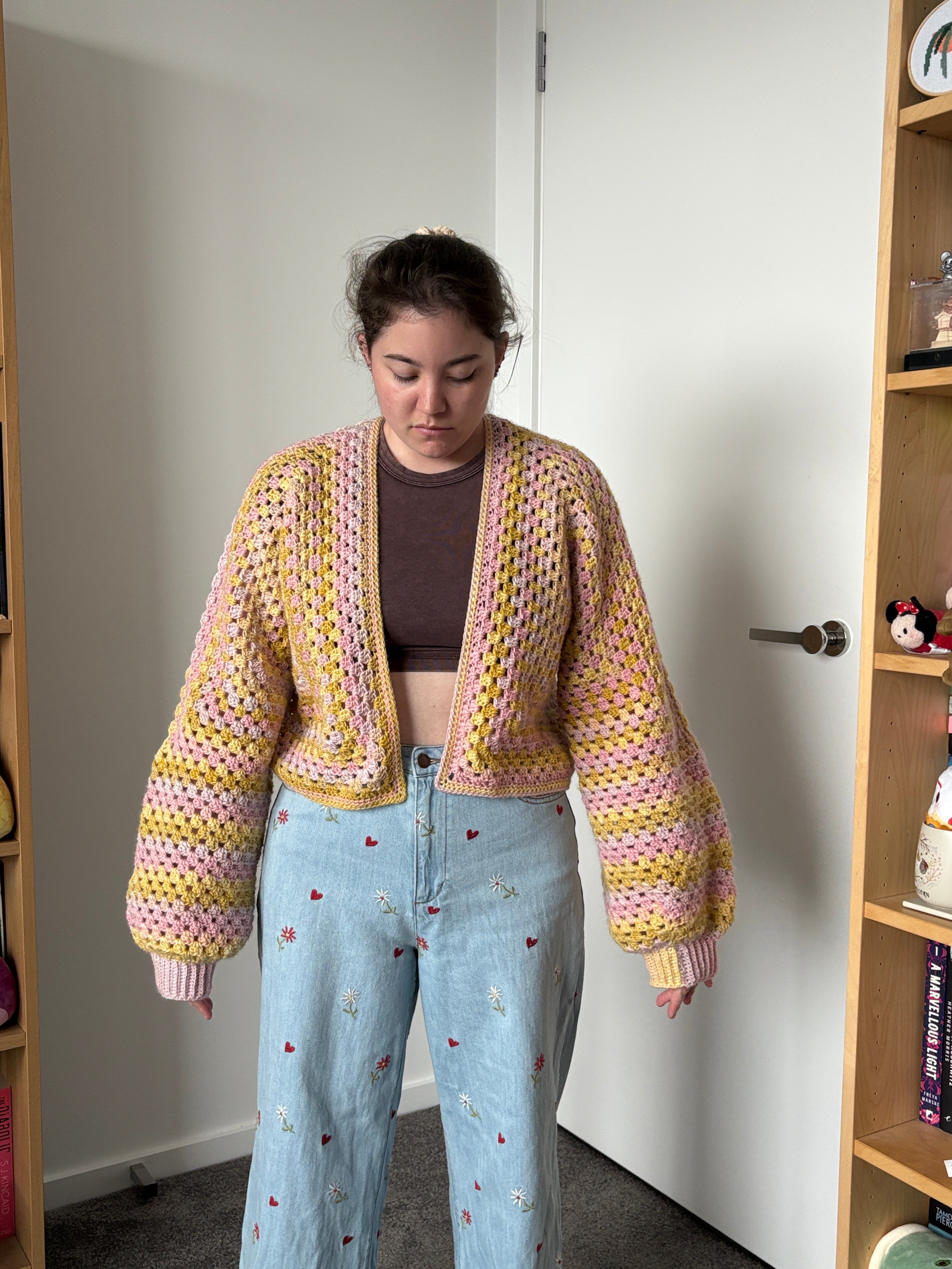 Medium Pink and Yellow Crochet Cardigan