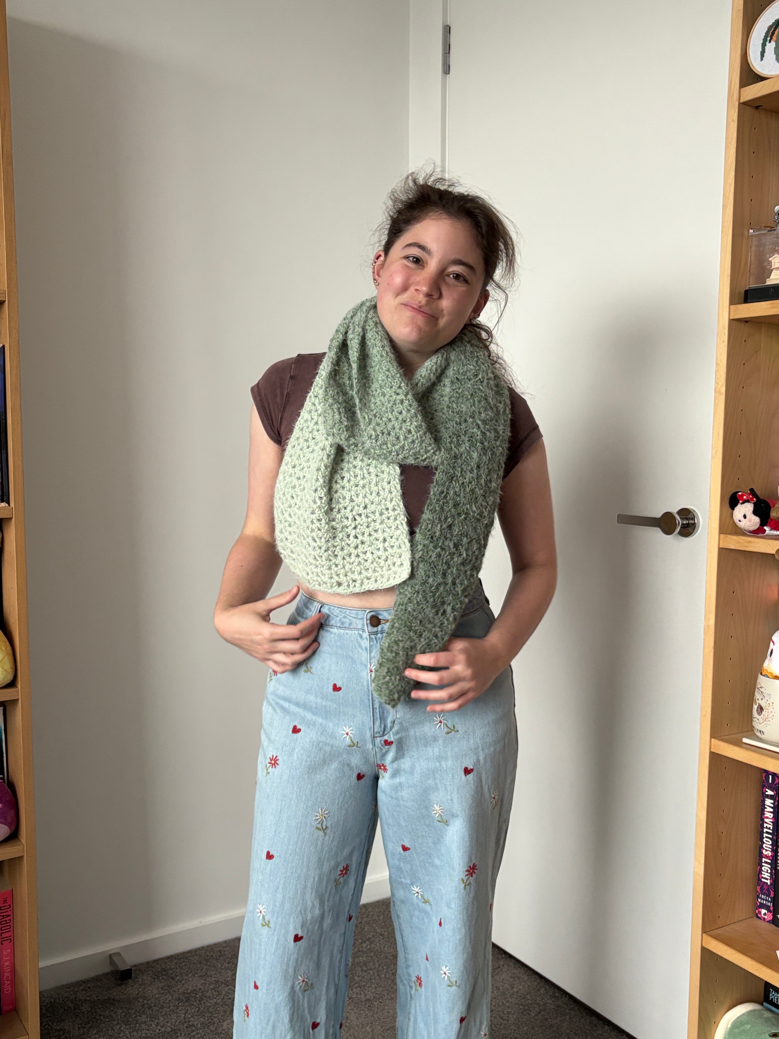 Green Fluffy Crochet Ombre Scarf