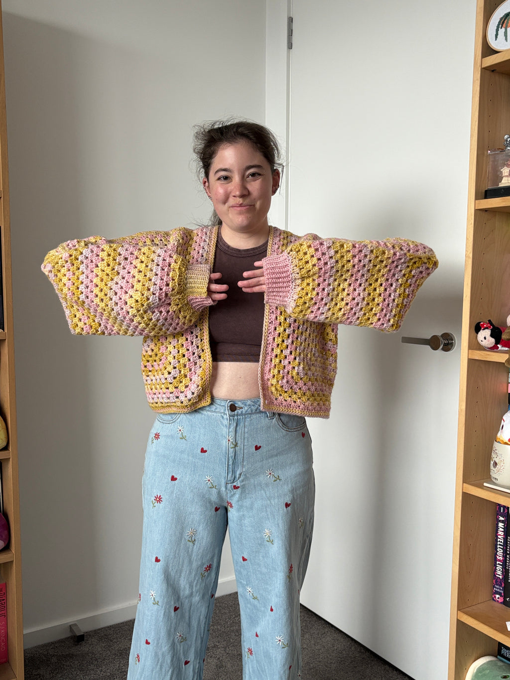 Medium Pink and Yellow Crochet Cardigan